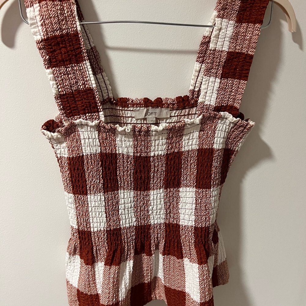 LOFT burnt orange and White gingham Textured Blouse